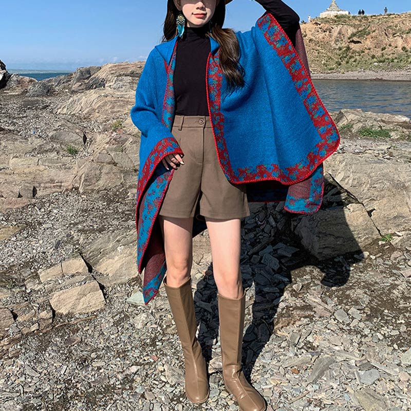 Buddha Stones Tibetan Shawl Border Small Floral Flower Hooded Cloak Winter Cozy Travel Scarf Wrap