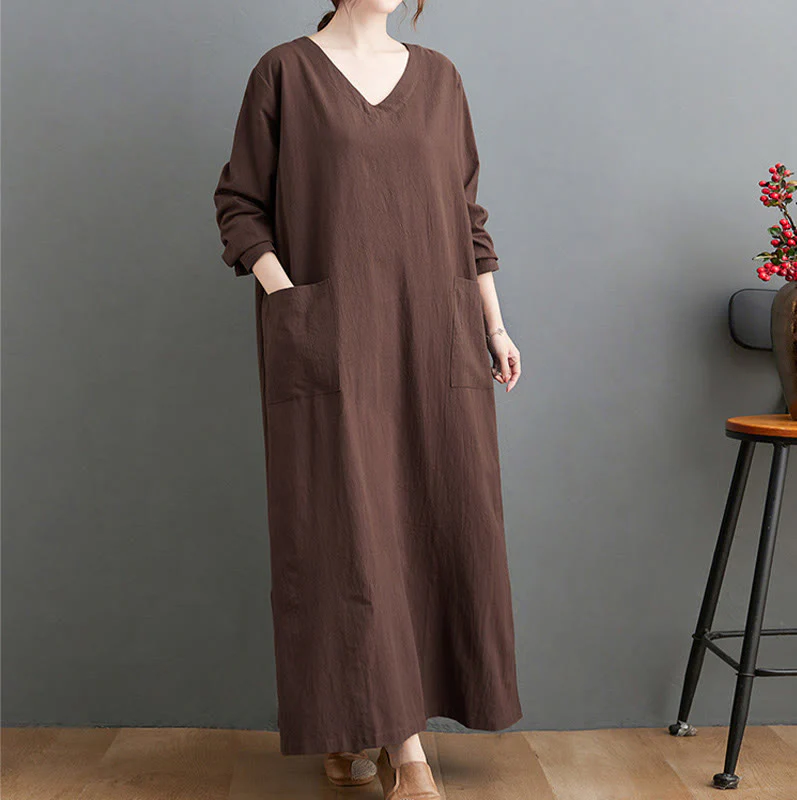 Buddha Stones Fall Casual Simple Design Long Sleeve Cotton Linen Maxi Dress With Pockets