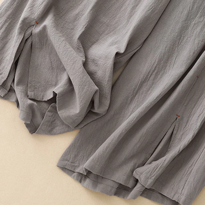 Buddha Stones Casual Simple Design Drawstring Split Cotton Linen Women's Wide Leg Pants With Pockets