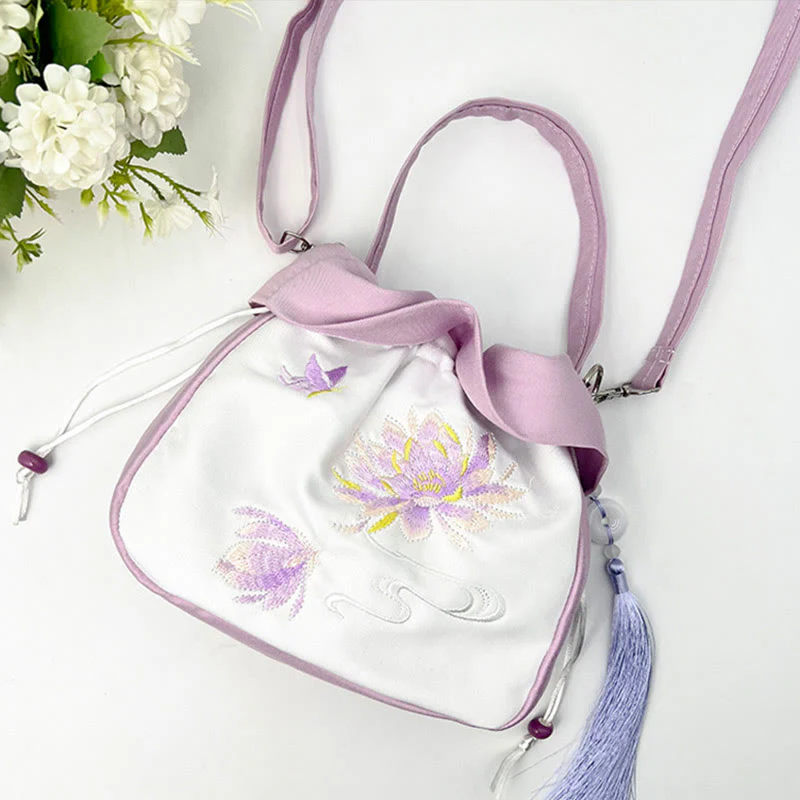 Buddha Stones Suzhou Embroidery Camellia Magnolia Peony Lotus Silk Tote Crossbody Bag Shoulder Bag Handbag