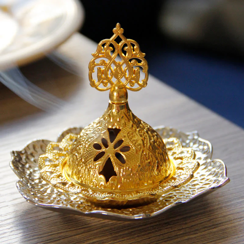 Buddha Stones Gold Leaf Coaster Spiritual Mini Alloy Metal Incense Burner