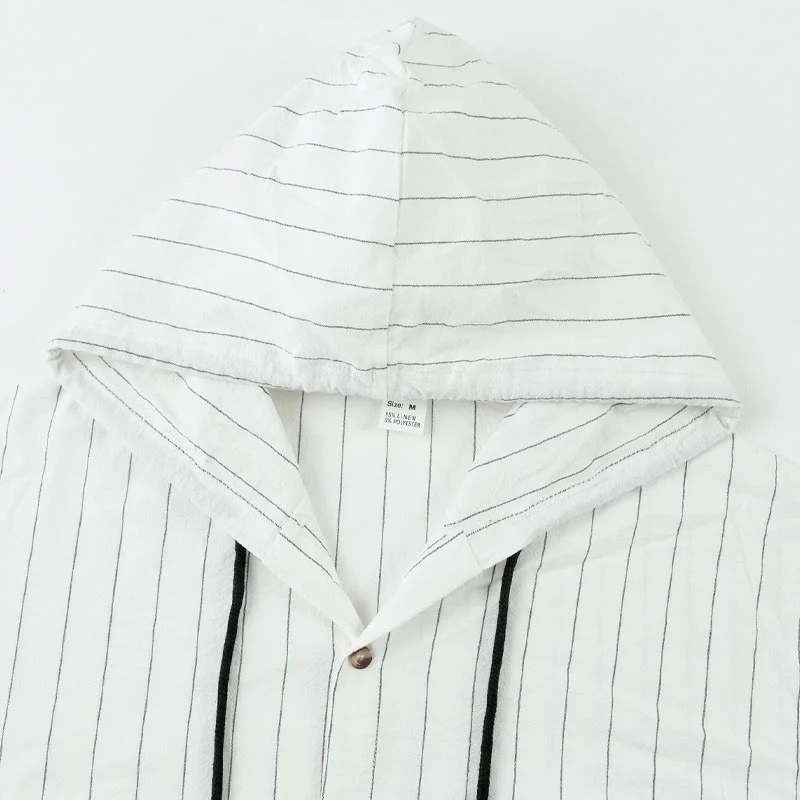 Buddha Stones Solid Long Sleeve Hooded Stripes Drawstring Buttons Linen Men's Shirt