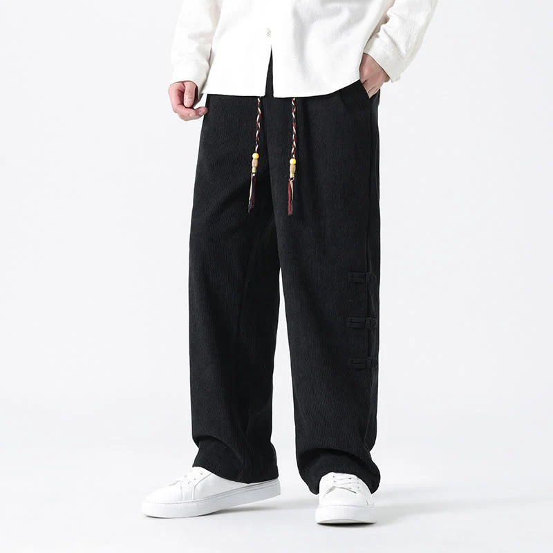 Buddha Stones Plain Chinese Frog-Button Design Drawstring Men's Corduroy Pants With Pockets