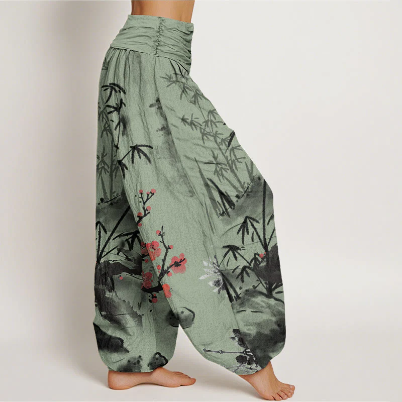 Buddha Stones Plum Blossoms Bamboo Orchids Chrysanthemums Pattern Women's Elastic Waist Harem Pants