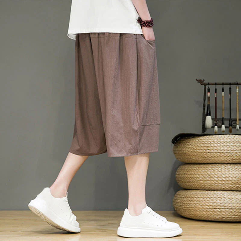 Buddha Stones Casual Drawstring Cotton Linen Men's Capri Harem Pants With Pockets