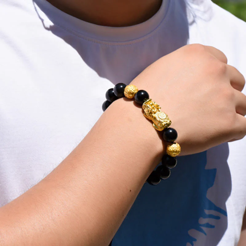 Buddha Stones Fengshui Copper Pixiu Rainbow Obsidian Beads Wealth Bracelet