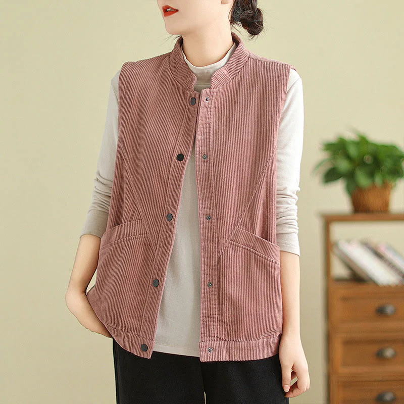 Buddha Stones Plain Sleeveless Women's Cotton Vest Corduroy Waistcoat With Pockets