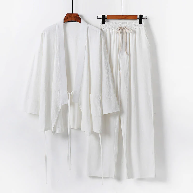 Buddha Stones 2Pcs Lace-up Cotton Kimono Pants With Pockets Men's Meditation Cloth Set