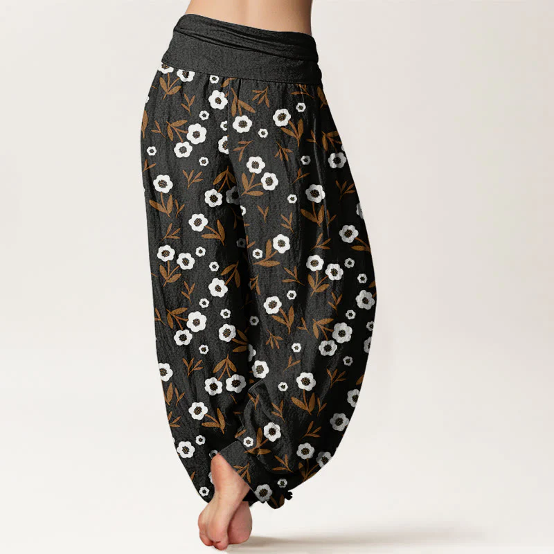Buddha Stones Casual Simple Flowers Leaves Pattern Women's Elastic Waist Harem Pants