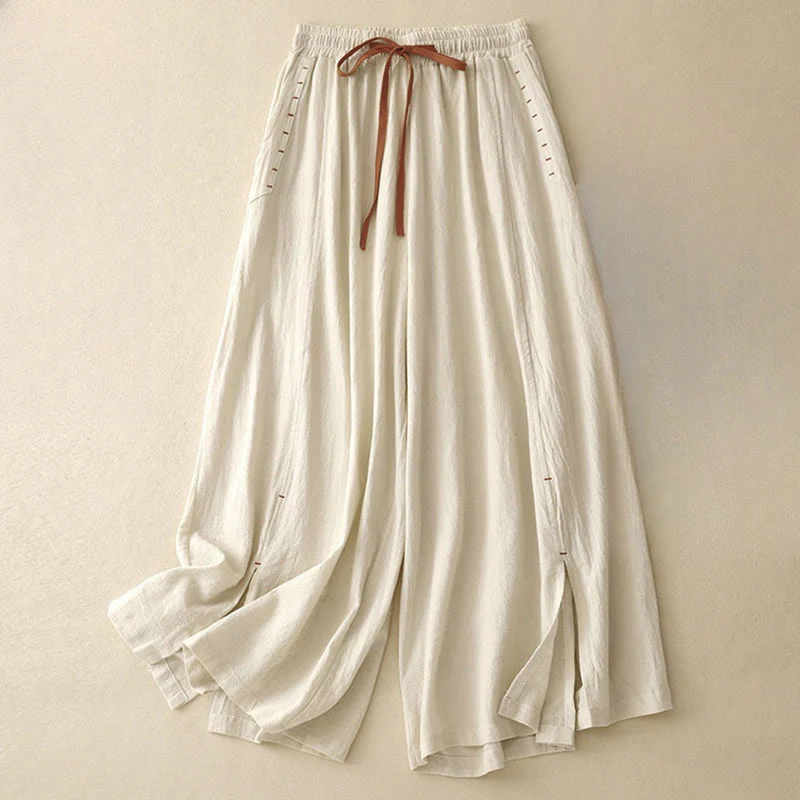Buddha Stones Casual Simple Design Drawstring Split Cotton Linen Women's Wide Leg Pants With Pockets
