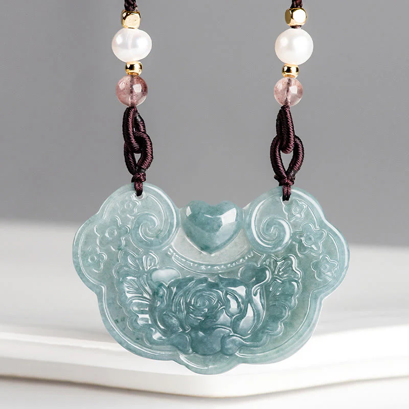 Buddha Stones Natural Jade Peony Flower Lock of Good Wishes Prosperity Necklace Pendant