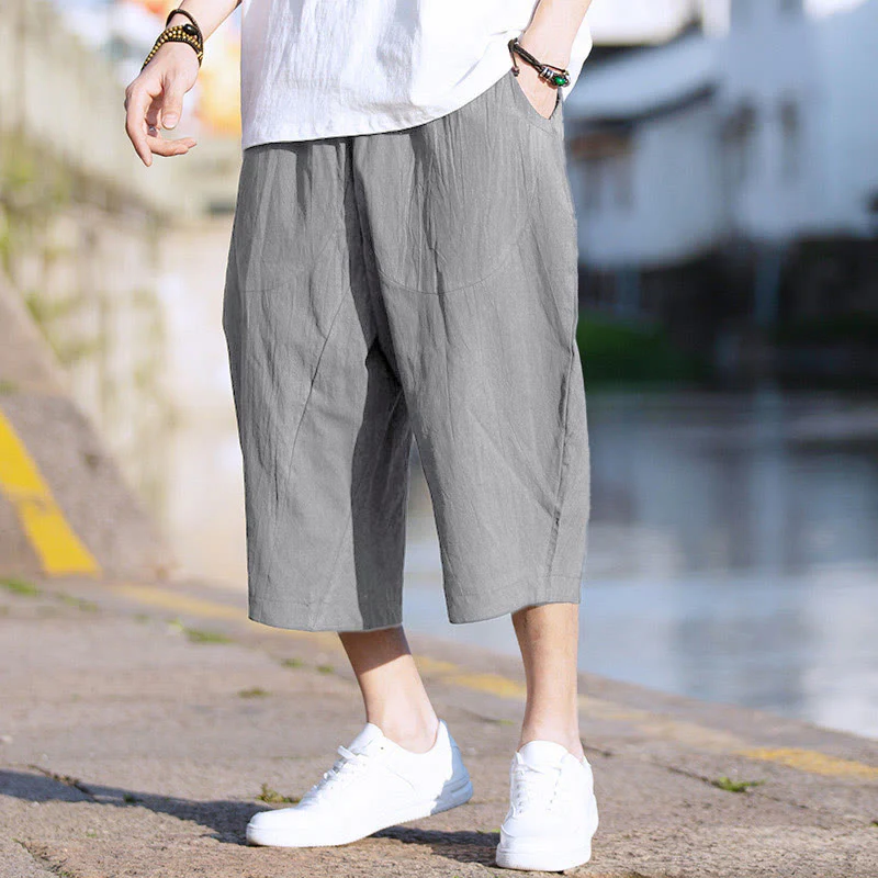 Buddha Stones Summer Plain Pleat Design Drawstring Men's 7-8 Length Cotton Linen Pants With Pockets