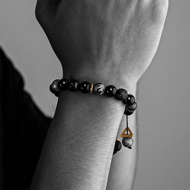 Buddha Stones Black Obsidian Lava Rock Stone Yin Yang Strength Bracelet