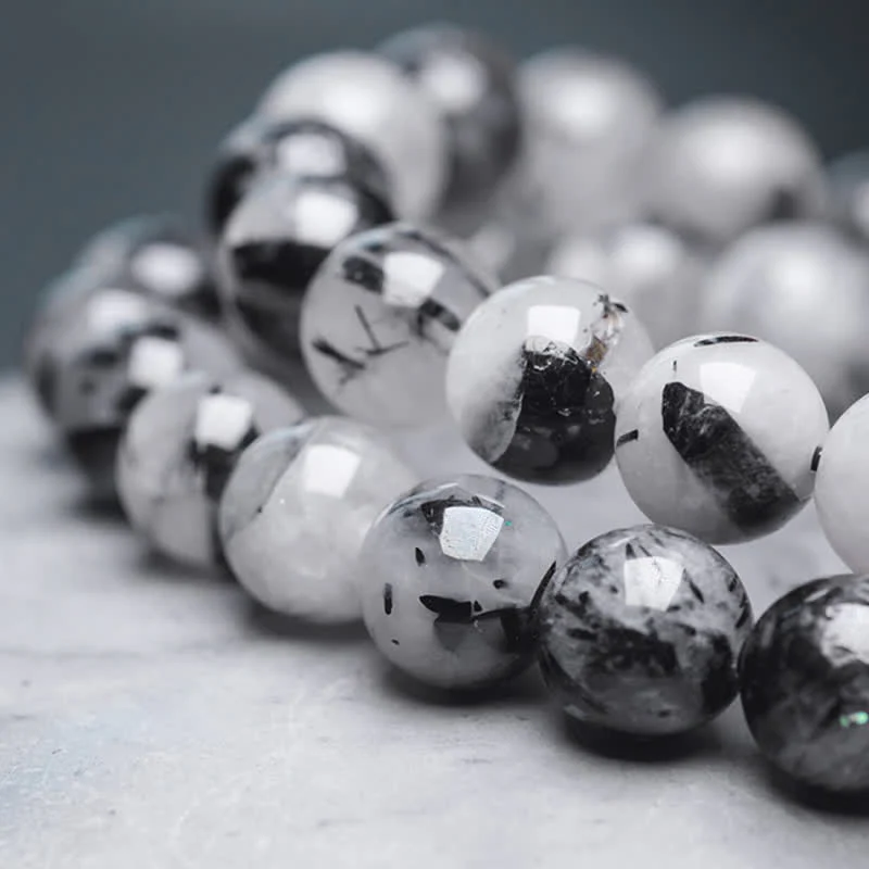 Buddha Stones Black Rutilated Quartz Ebony Wood White Crystal Success Couple Bracelet