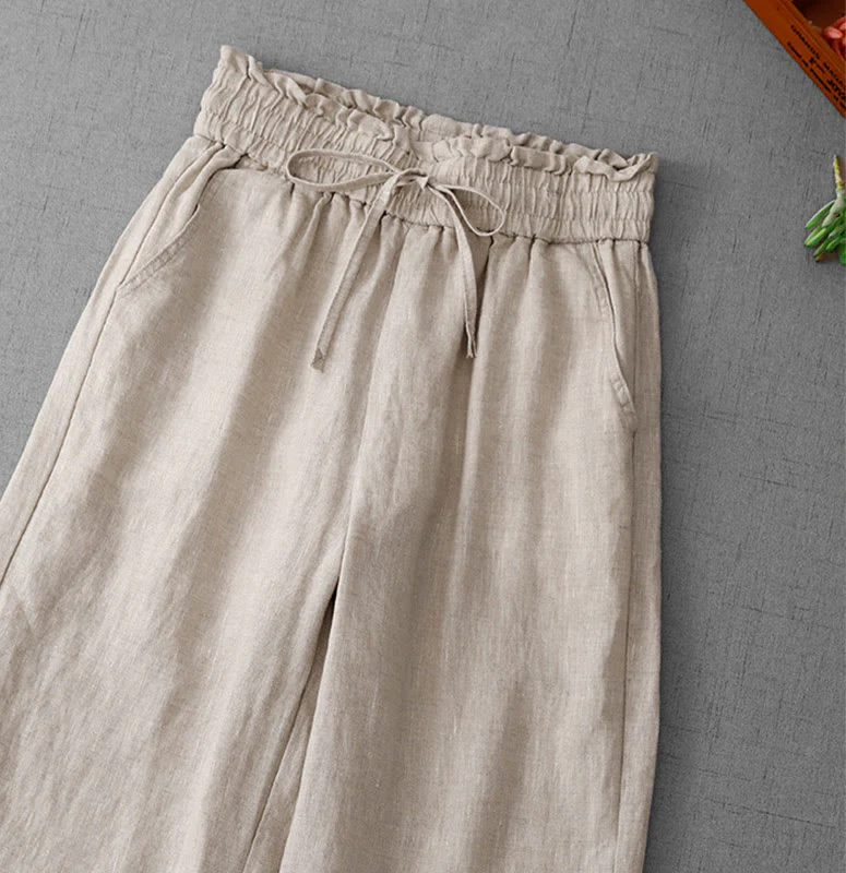 Buddha Stones Casual High Waist Ruffled Drawstring Design Women's Wide Leg Cotton Pants With Pockets