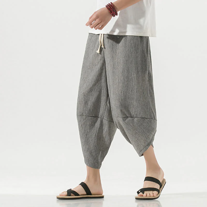 Buddha Stones Plain Simple Design Drawstring 7-8 Length Linen Men's Harem Pants With Pockets