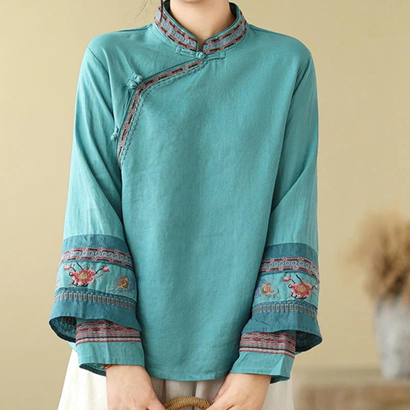 Buddha Stones Embroidered Slanted Buttons Cotton Linen Women's Shirt