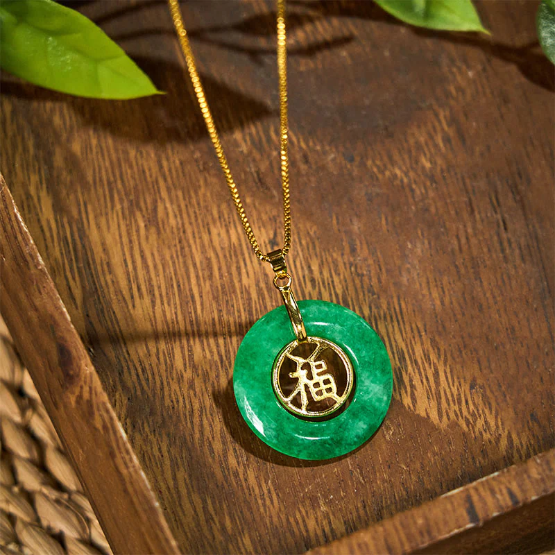 Buddha Stones Cyan Jade Fu Character Peace Buckle Healing Luck Necklace Pendant