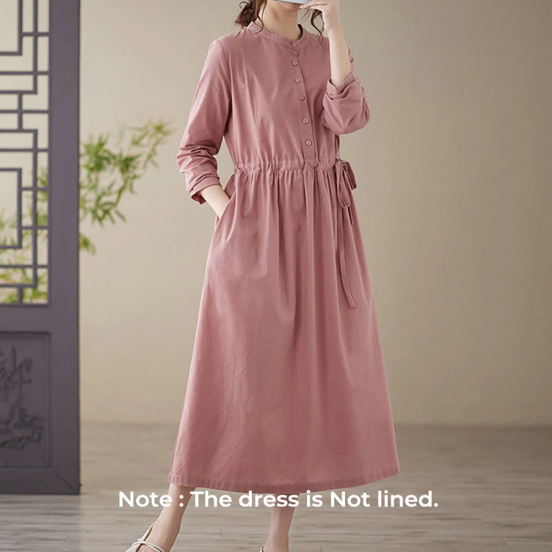 Buddha Stones Casual Plain Crew Neck Lace-up Cotton Linen Midi Dress With Pockets