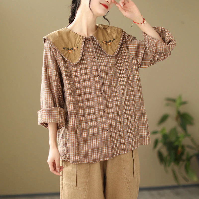 Buddha Stones Embroidered Plaid Pattern Cotton Women's Shirt