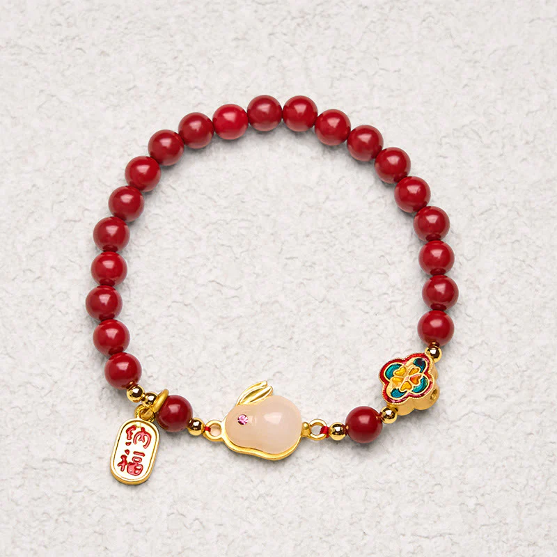 Buddha Stones Cinnabar Cute Rabbit Bunny Fu Character Calm Bracelet