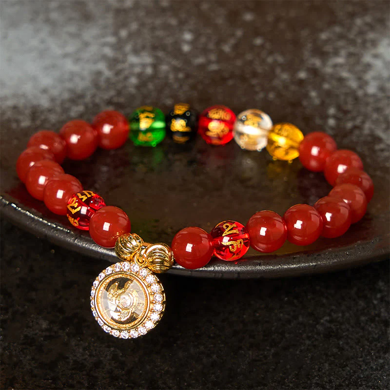 Buddha Stones Red Agate Om Mani Padme Hum Five Directions Gods of Wealth Zircon Cyclone Charm Self-acceptance Bracelet