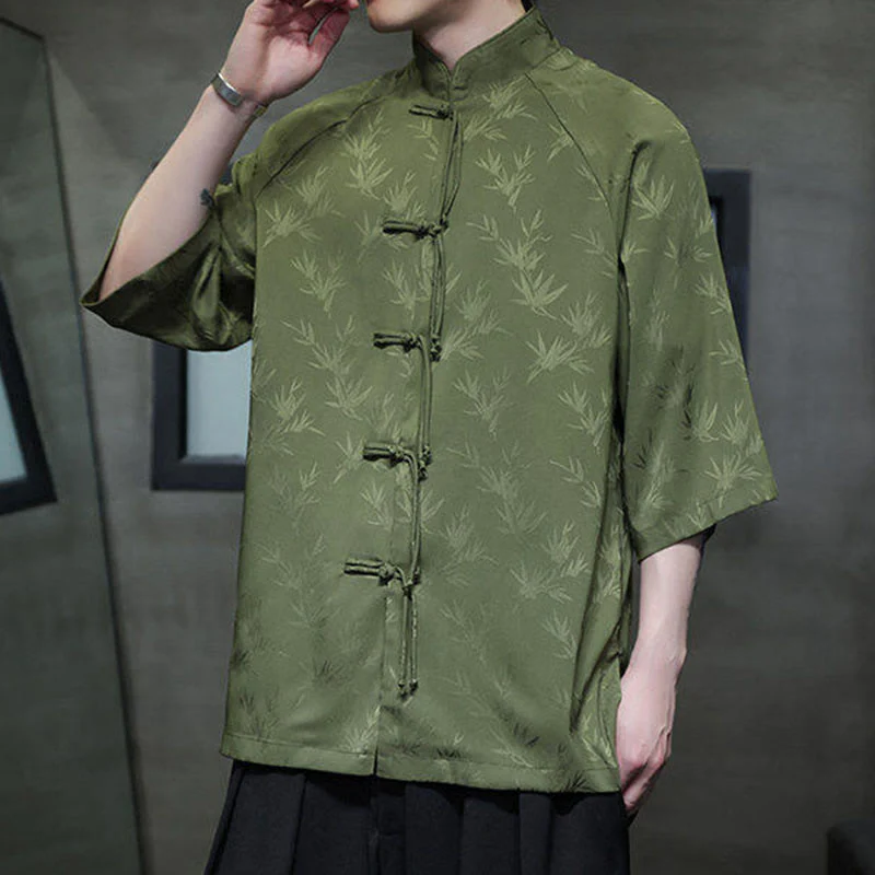 Buddha Stones Jacquard Bamboo Pattern Chinese Frog-Button Stand Collar Tang Suit Men's Cotton Shirt