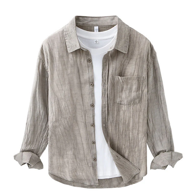 Buddha Stones Retro Pleats Buttons Men's Long Sleeve Ramie Linen Shirt With Pockets