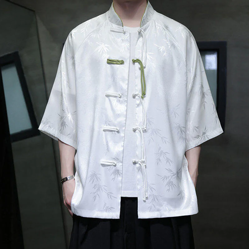 Buddha Stones Jacquard Bamboo Pattern Chinese Frog-Button Stand Collar Tang Suit Men's Cotton Shirt