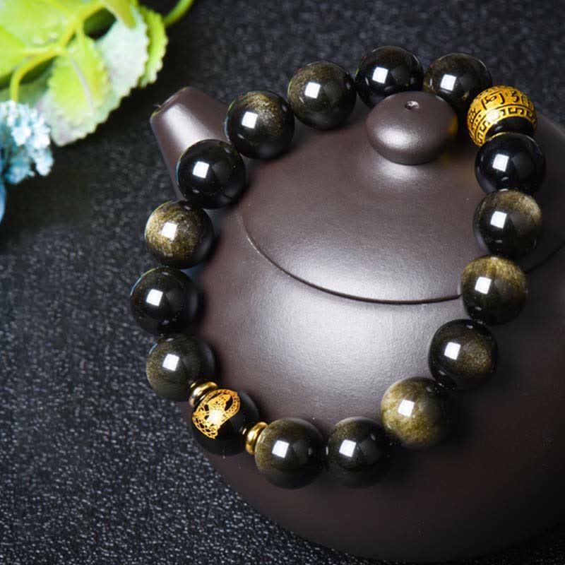 Buddha Stones Chinese Zodiac Natal Buddha Gold Sheen Obsidian Wealth Protection Bracelet