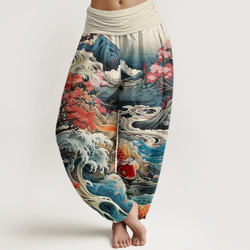 Buddha Stones Casual Blossoming Tree Koi Fish Wave Mountain Pattern Women's Elastic Waist Harem Pants
