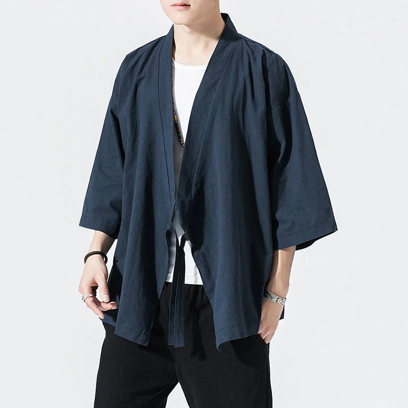 Buddha Stones Casual Plain Tang Suit Open Front Jacket Cotton Linen Men's Kimono