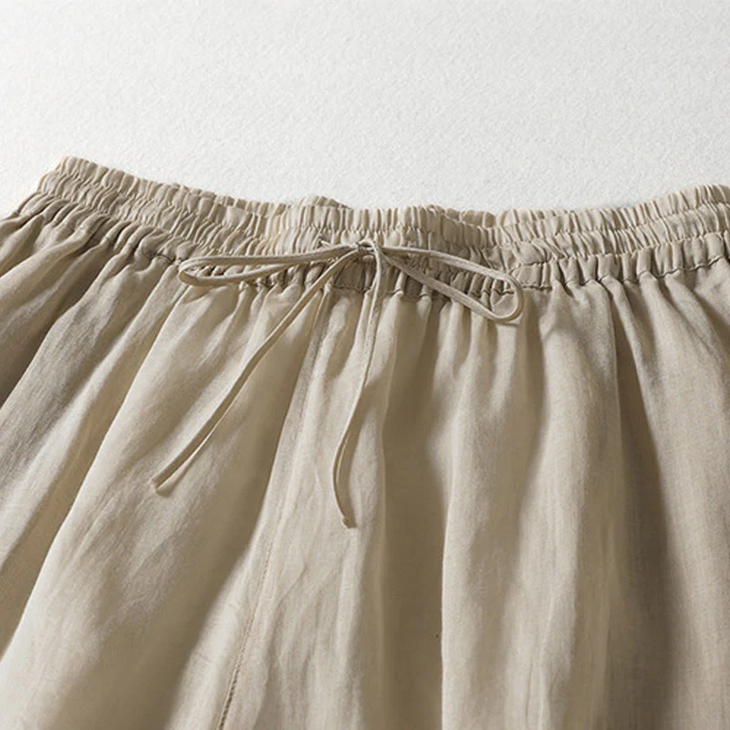 Buddha Stones Casual Drawstring Cotton Linen Ankle-Length Women's Wide Leg Pants With Pockets