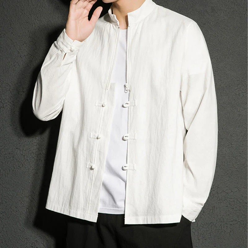 Buddha Stones Plain Zipper Chinese Frog-Button Cotton Long Sleeve Men's Shirt