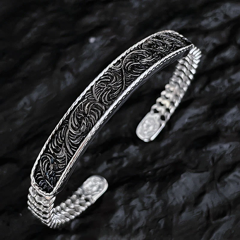 Buddha Stones Tang Dynasty Flower Design Engraved Copper Luck Cuff Bracelet Bangle Adjustable Ring