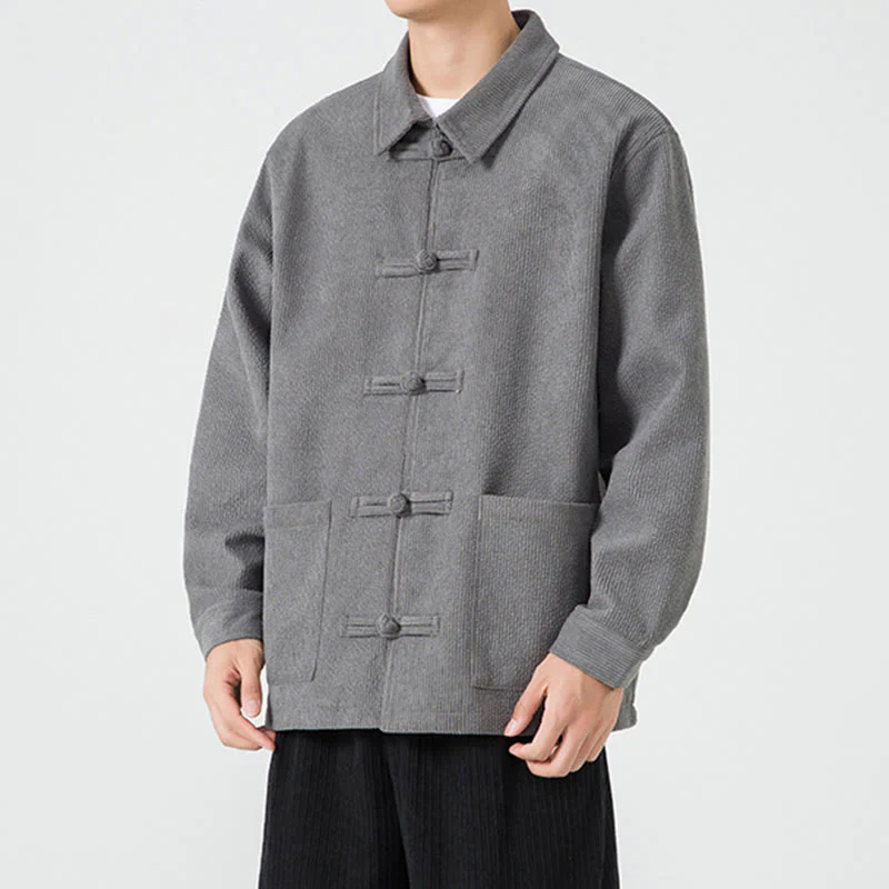 Buddha Stones Long Sleeve Frog-button Design Men's Polyester Jacket Shirt With Pockets