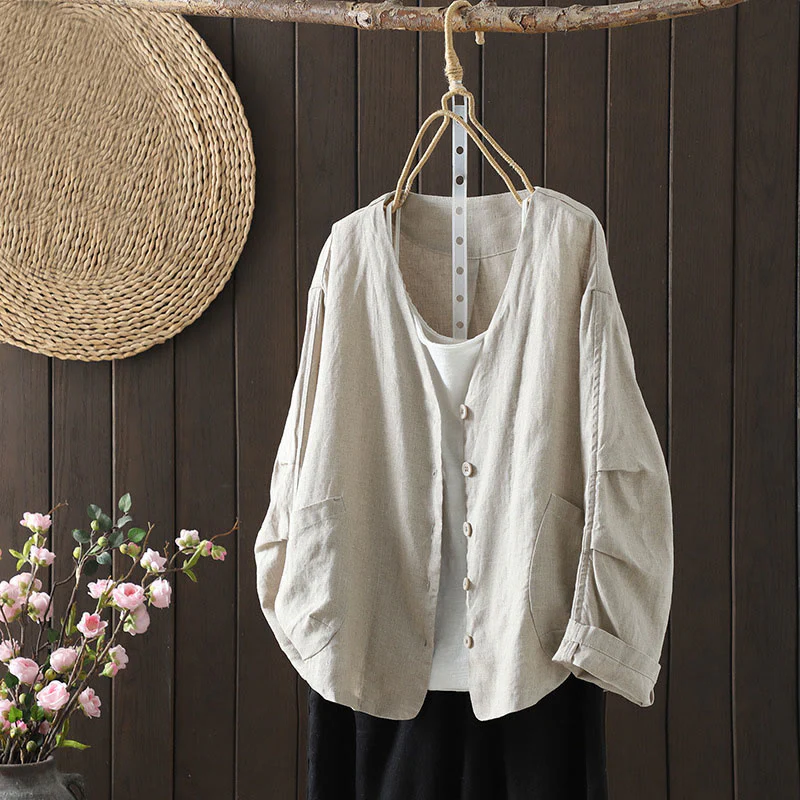 Buddha Stones Pure Color V-neck Women's Cotton Jacket With Pockets