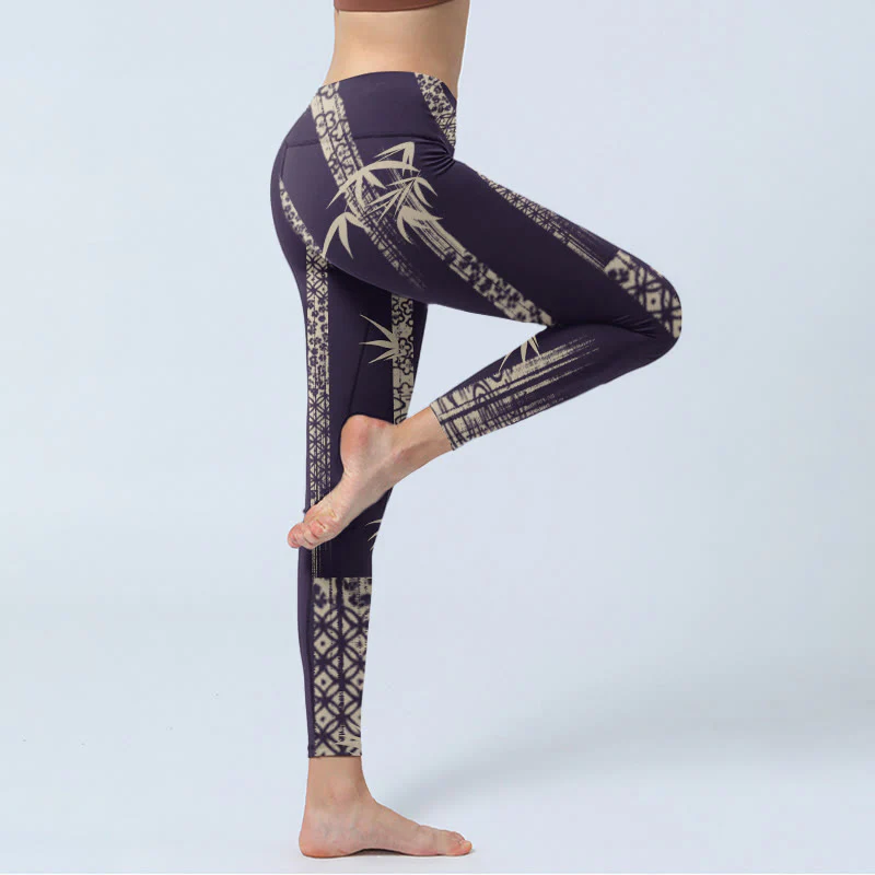 Buddha Stones Bamboo Water Wave Pattern Print Gym Leggings Women's Yoga Pants