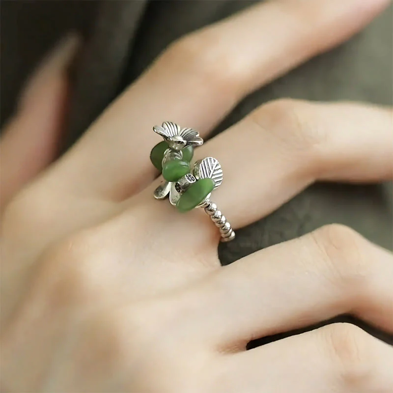 Buddha Stones Flower Pattern Copper Alloy Luck Elastic Rope Ring