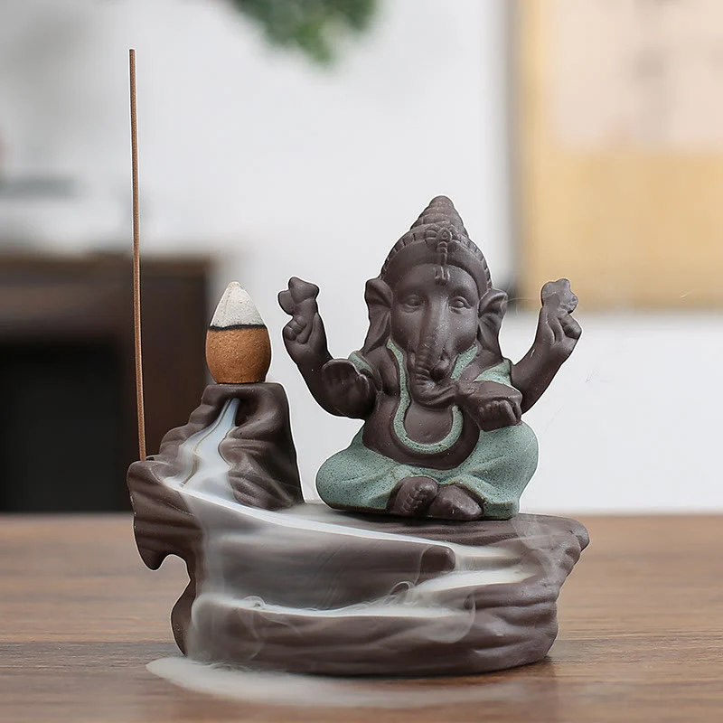Buddha Stones Ganesh Elephant Purple Clay Backflow Smoke Fountain Protection Stick Incense Burner
