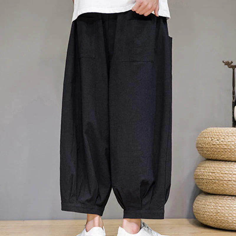 Buddha Stones Casual Plain Men's Cotton 7-8 Length Harem Pants With Pockets