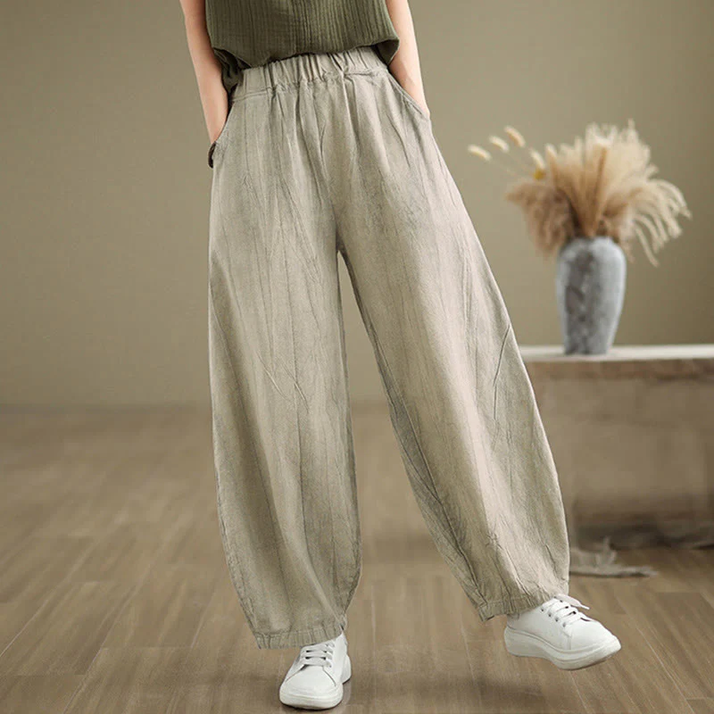 Buddha Stones Casual Plain Women's Cotton Linen Harem Pants With Pockets