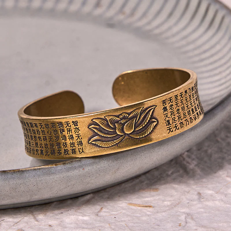 Buddha Stones Heart Sutra Lotus Flower Copper Brass Peace Cuff Bracelet Bangle
