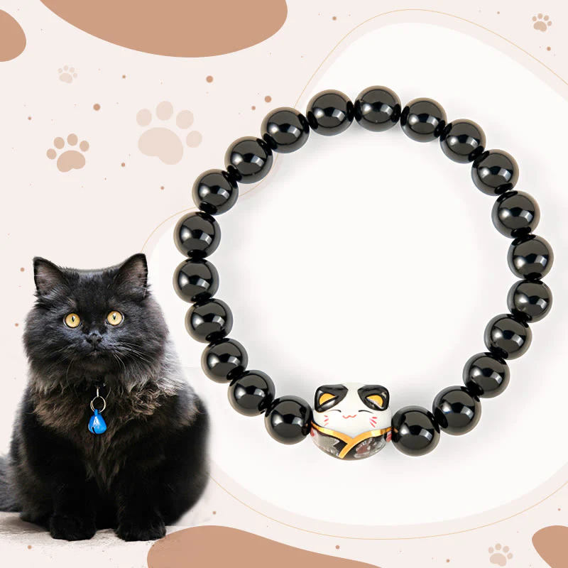 Buddha Stones Black Cat Natural Black Onyx Ceramic Kitten Fortune Bracelet