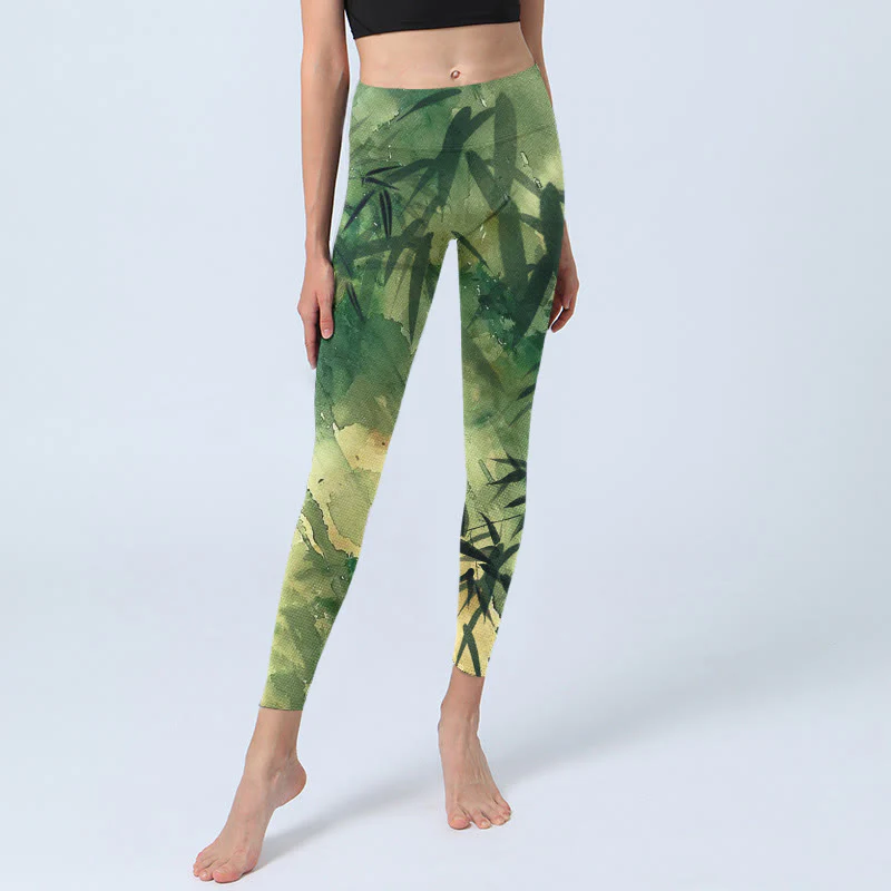 Buddha Stones Ink Blooming Bamboo Pattern Print Gym Leggings Women's Yoga Pants