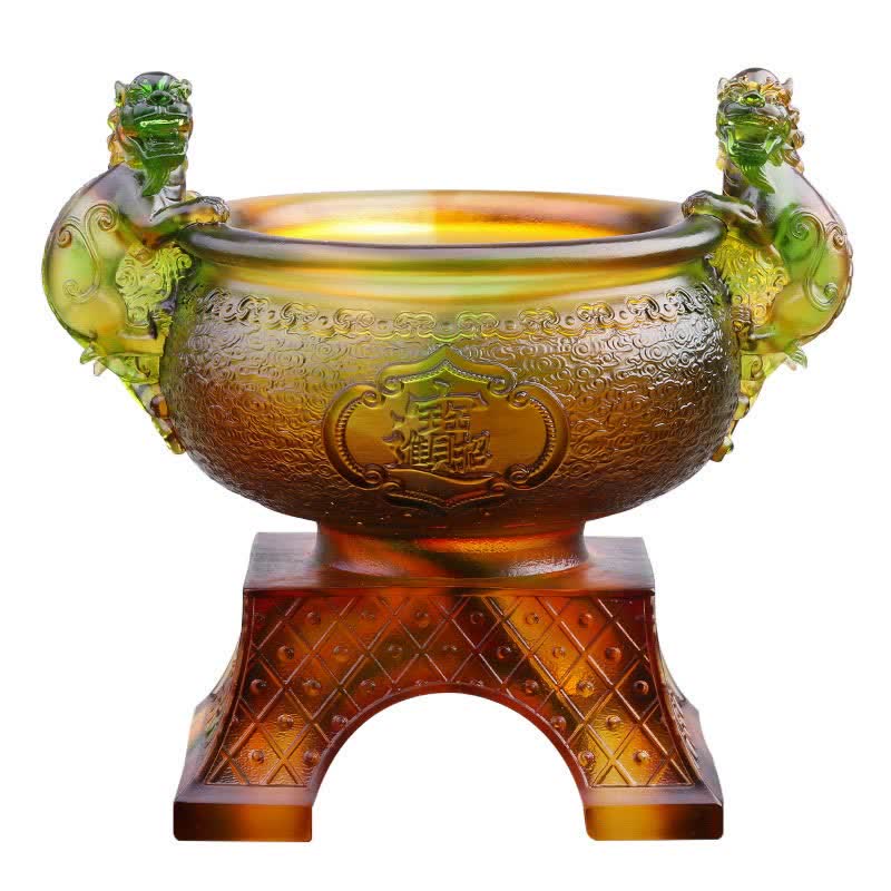 Buddha Stones Handmade Liuli Crystal PiXiu Treasure Bowl Art Piece Home Decoration