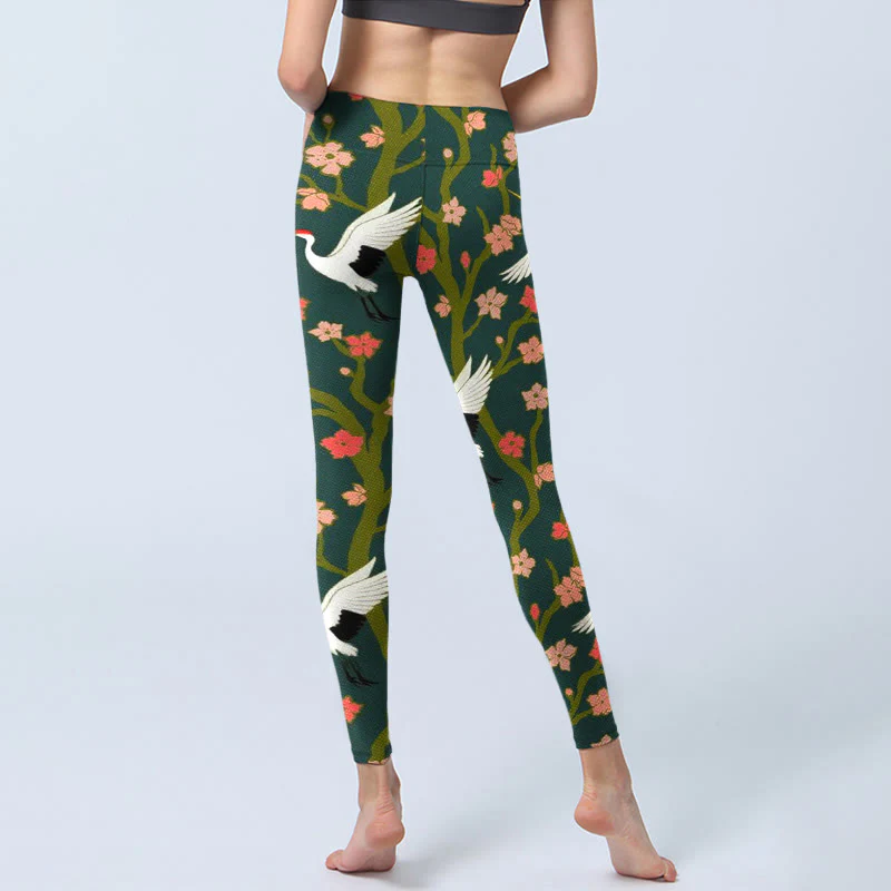 Buddha Stones White Red-crowned Cranes Red Orange Flower Trees Print Gym Leggings Women's Yoga Pants