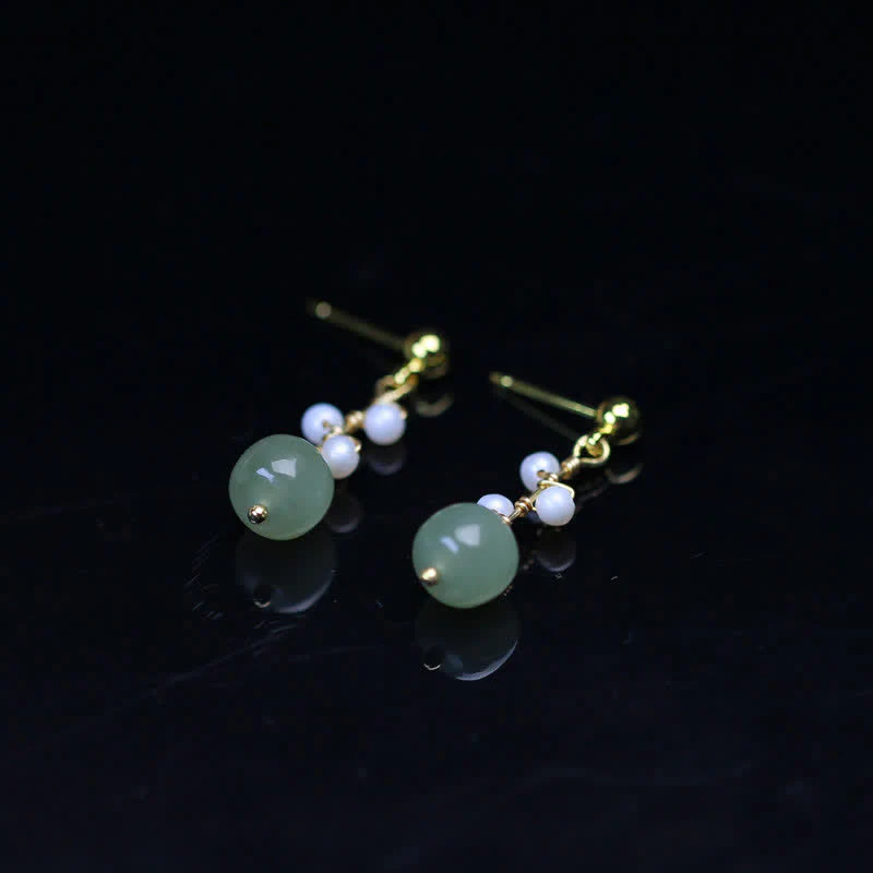 Buddha Stones Hetian Jade Flower Pattern 14K Gold Plated Luck Drop Dangle Earrings