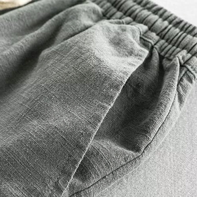 Buddha Stones Drawstring Elastic Waist Cotton Linen Men's Shorts With Pockets