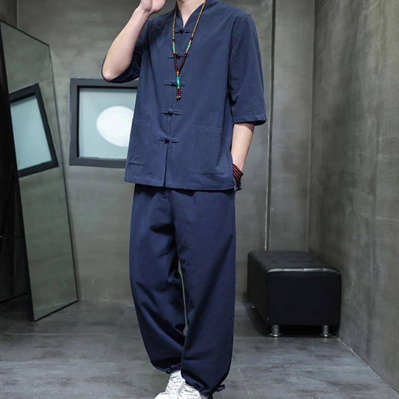 Buddha Stones 2Pcs Tang Suit Frog-Button Design Shirt Pants With Pockets Men's Cotton Linen Meditation Cloth Set